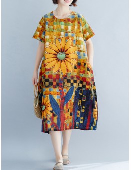 Contrast Color Floral Print O-neck Short Sleeve Pocket Midi Dress