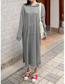 Women Puff Sleeve Sweatshirt Calf Length Front Pocket Side Fork Midi Dress