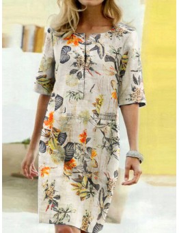 Women Vintage Cotton Floral Plant Print O-neck Half Sleeve Split Casual Dress