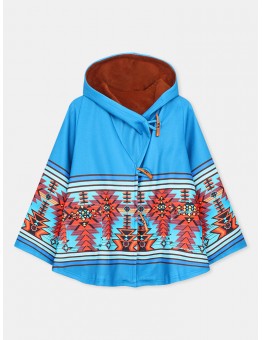 Women Ethnic Pattern Print Button Woolen Hooded Long Sleeve Casual Coat