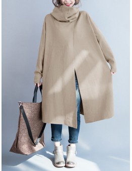 Women Fleece Loose Pullover Turtleneck Neck Side Pockets Long Sleeve Coats