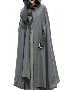 Women Hooded Style Ankle Length Woolen Long Cloak Loose Sleeveless Coats