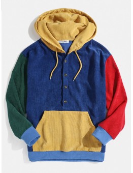 Mens Corduroy Colorblock Patchwork Half Button Pouch Pocket Drawstring Hoodies