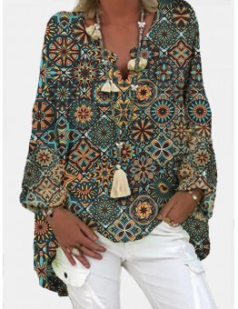 Women Vintage Geometric Printed V-Neck Loose Blouses
